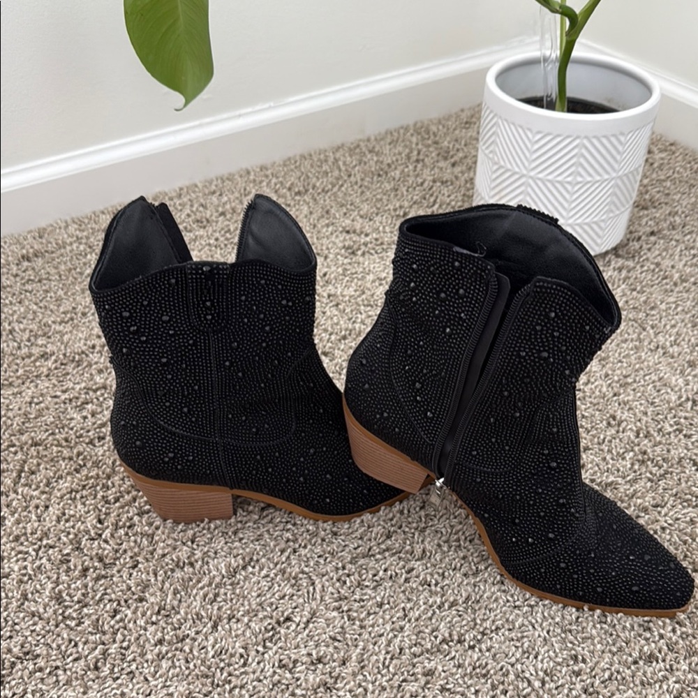 Chic Black Ankle Booties with Rhinestone Detailing